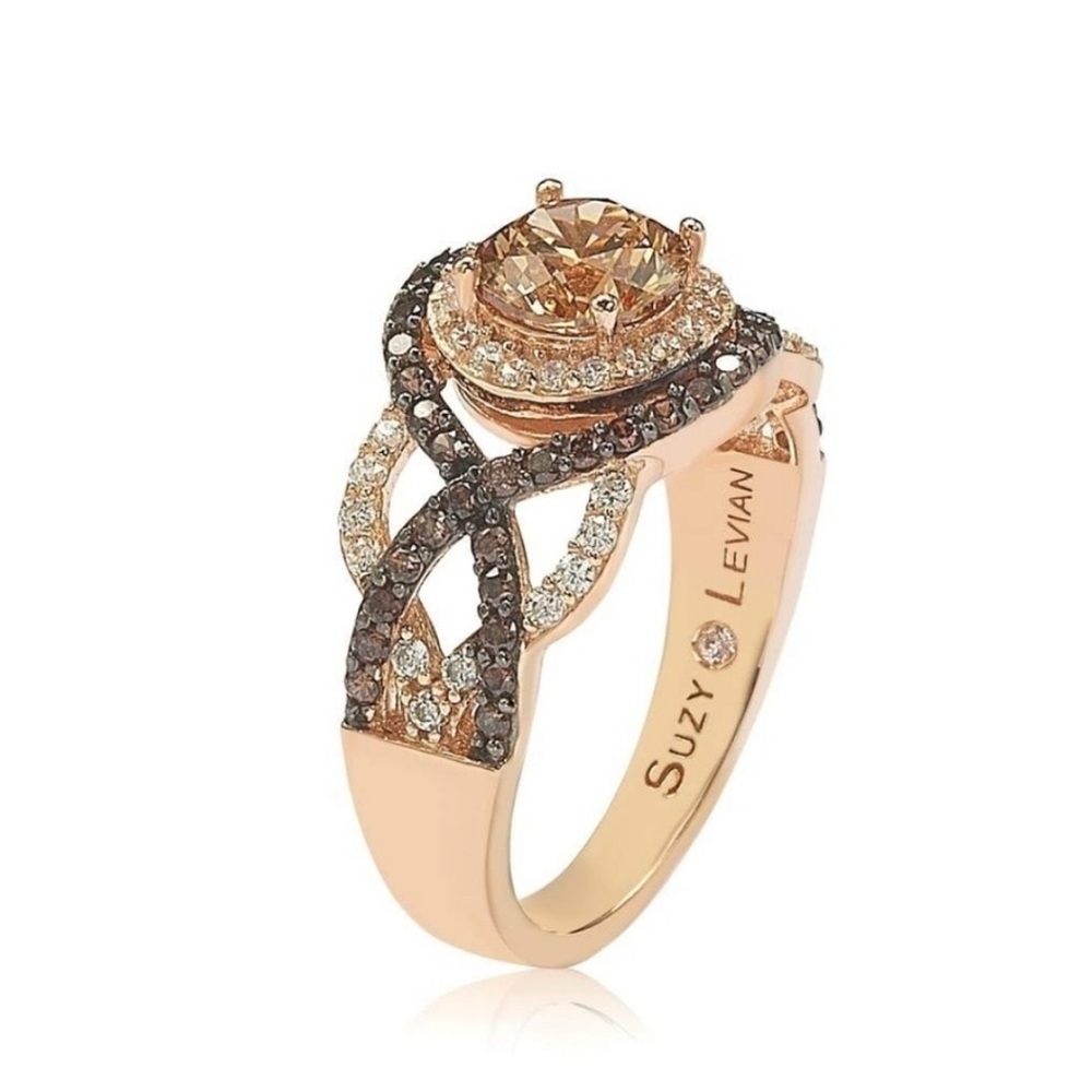 Suzy Levian Rosed Sterling Silver Brown Cubic Zirconia Crossover Bridal Ring